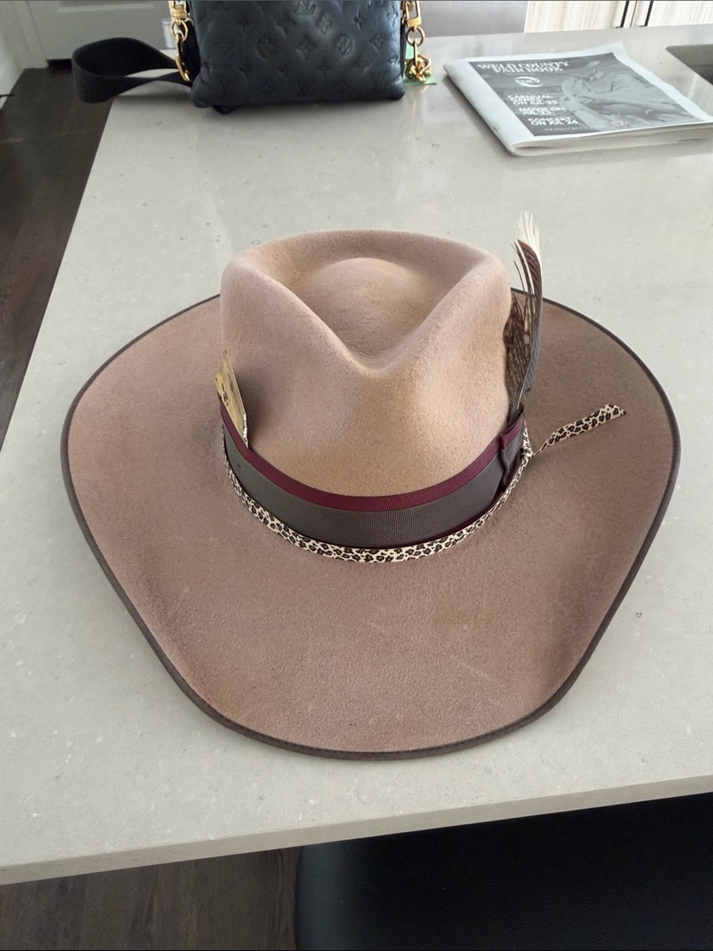 Wide Brim Felt Fedora Hat in Taupe with Ribbon and Feather